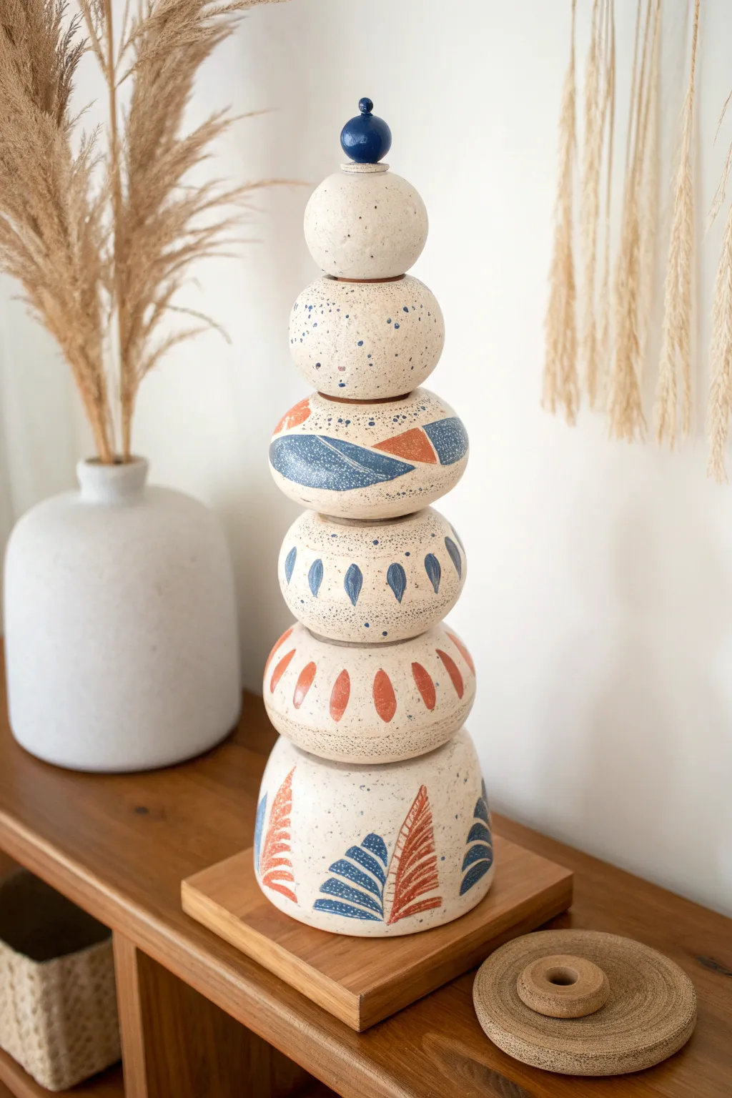 Sculptural ceramic totem stack in bold modern glazes, perfect minimalist boho shelf art.