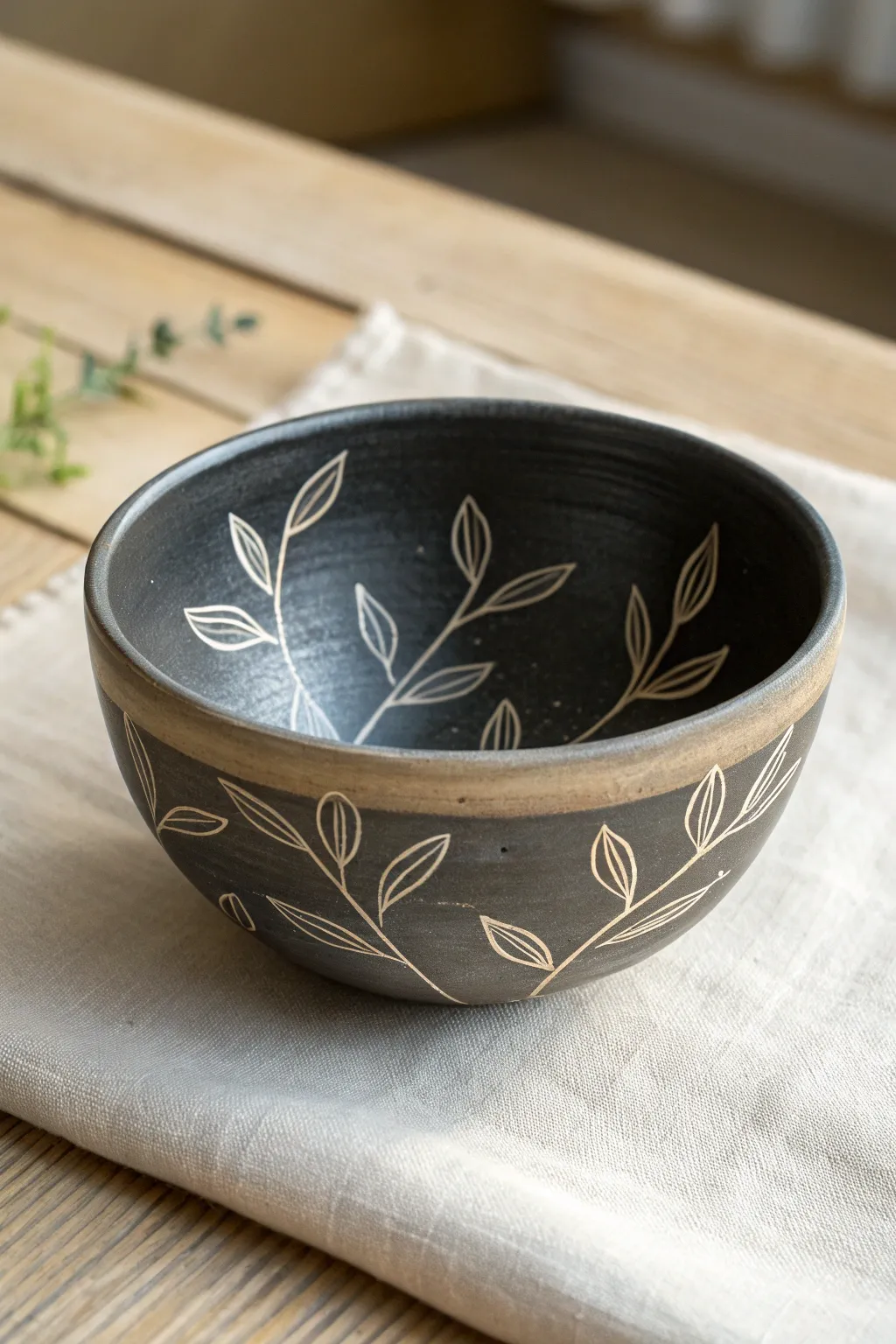Minimal sgraffito bowl with bold contrast, carved lines revealing warm clay beneath