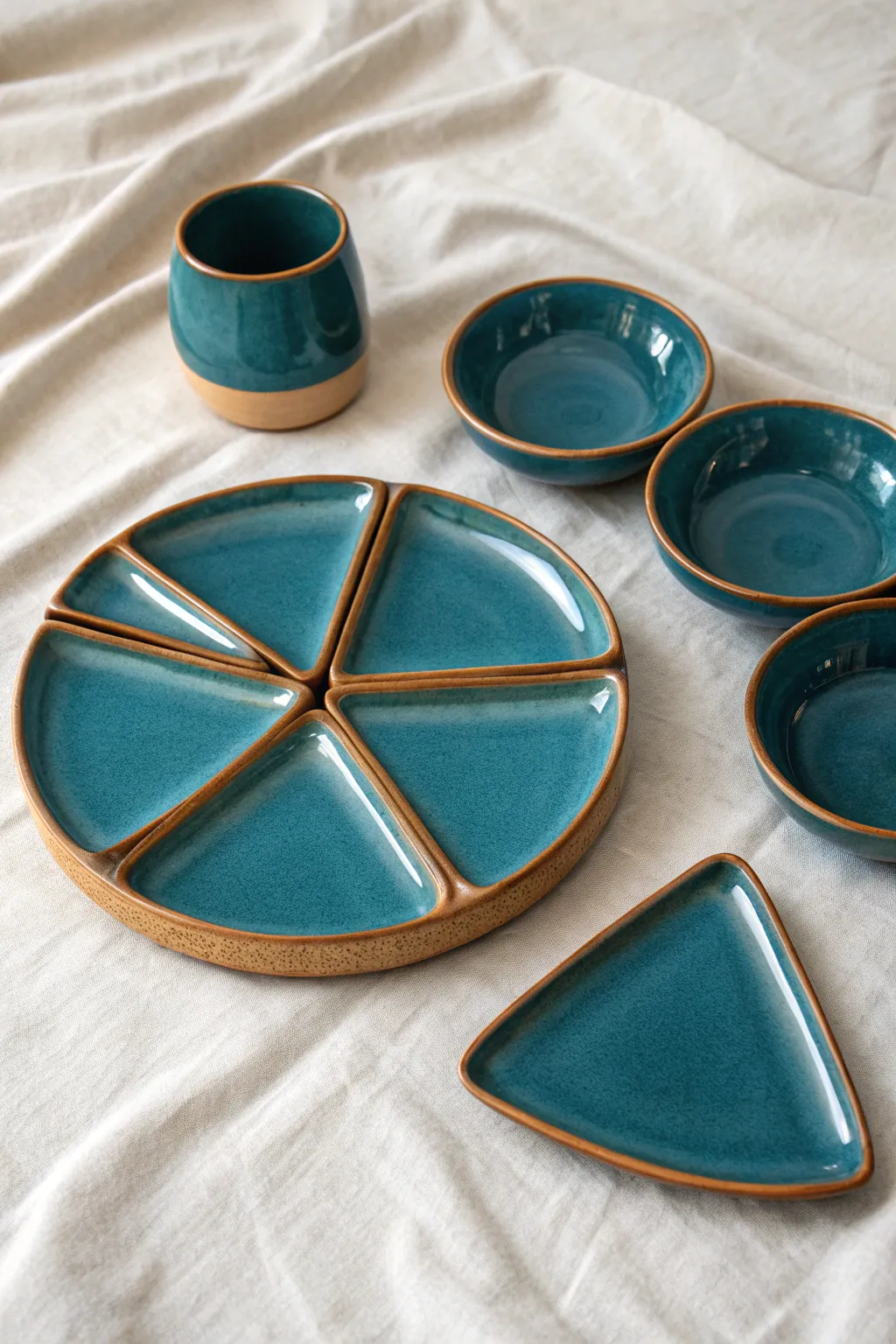 Modular wedge dishes click into a bold circle, perfect for snacks, dips, and mix-and-match styling.