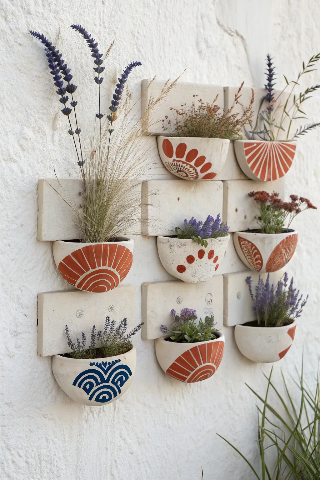 Modular ceramic wall pocket grid with tiny plants and dried blooms for a chic living wall.