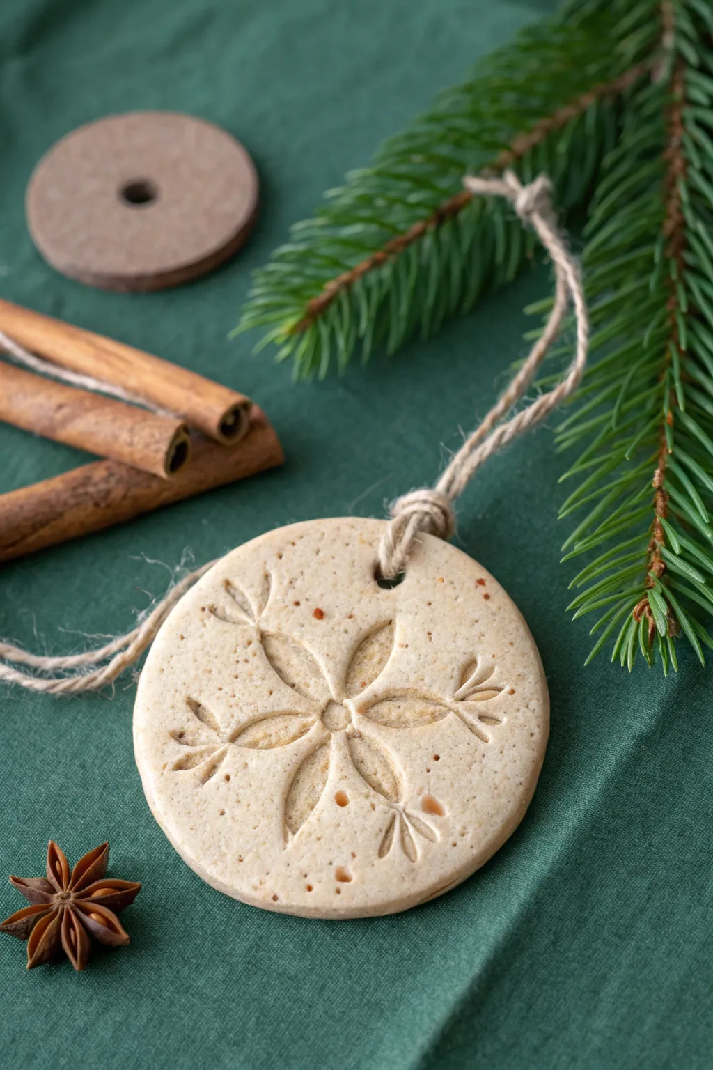 Spice speckled air dry clay ornament with rustic stamps, twine loop, cozy evergreen accents