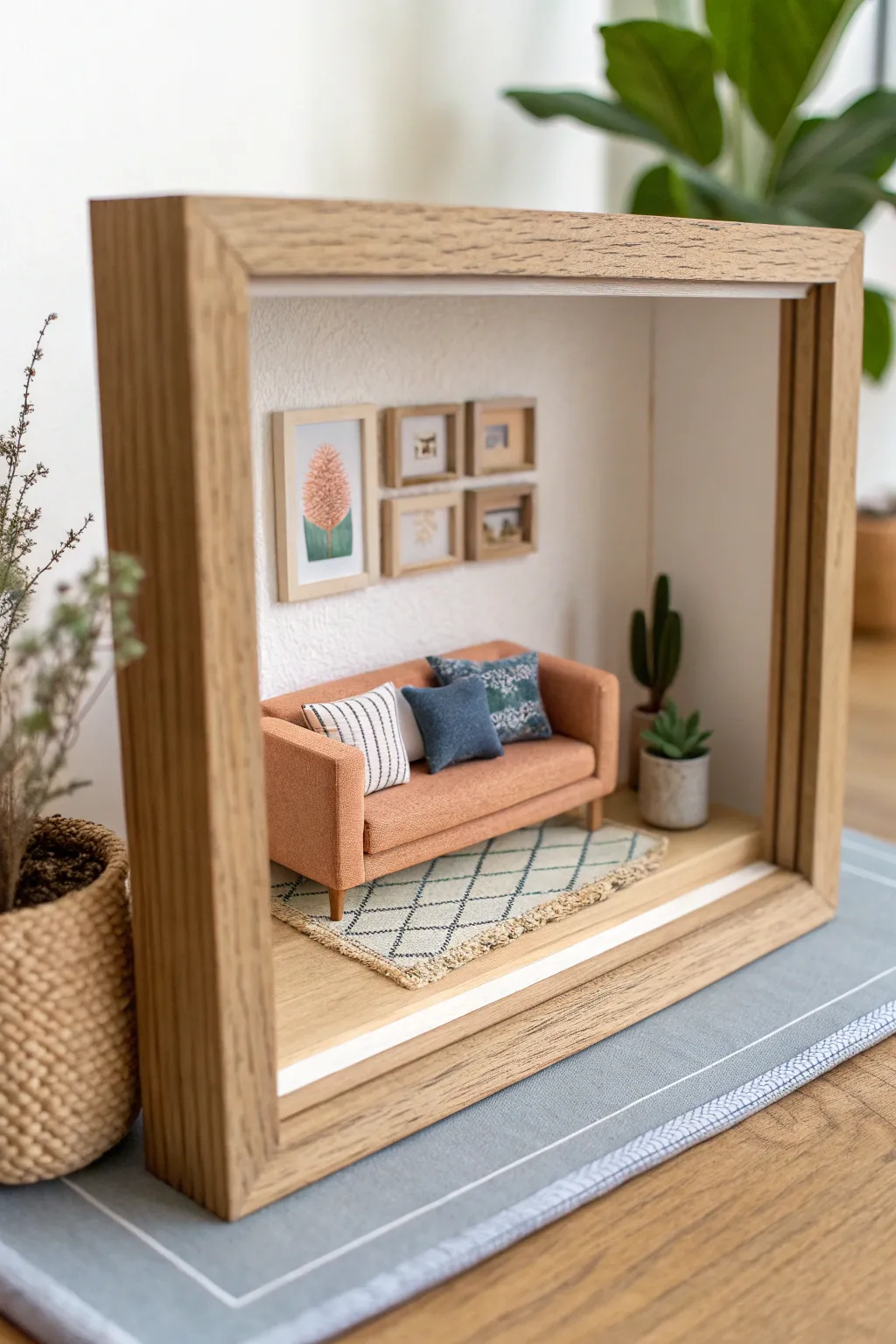 Minimal clay room shadowbox with sofa, plant, and rug in warm tones and bold cobalt accent.