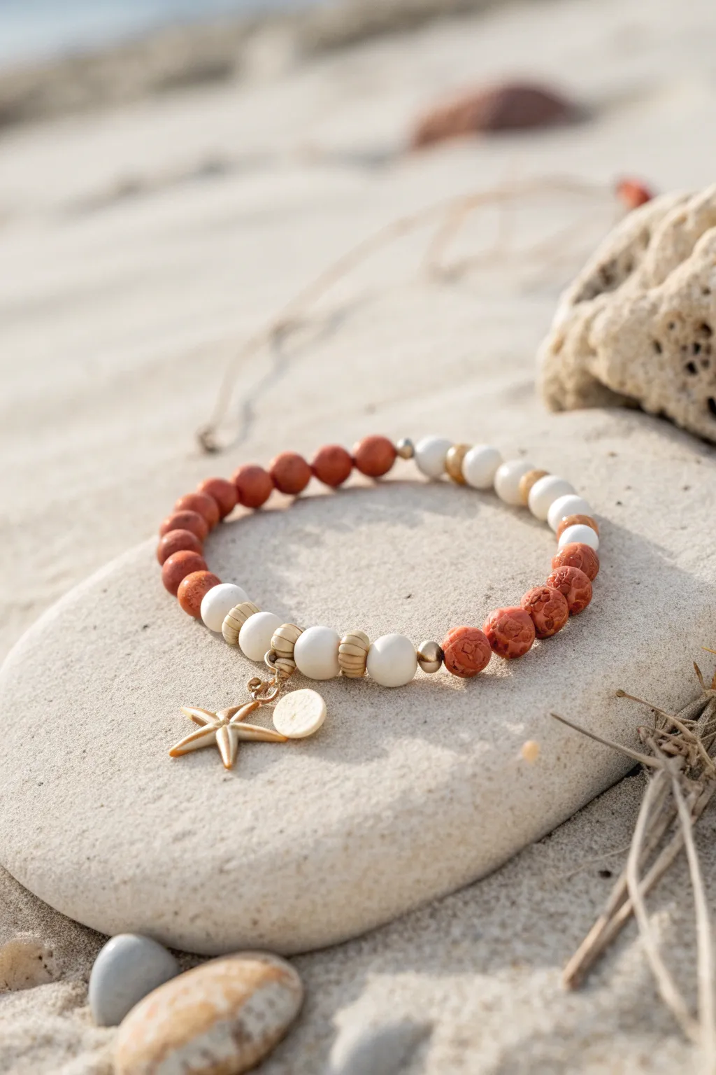 Minimal clay bead bracelet with a seashell and starfish charm cluster, styled for summer beach vibes.
