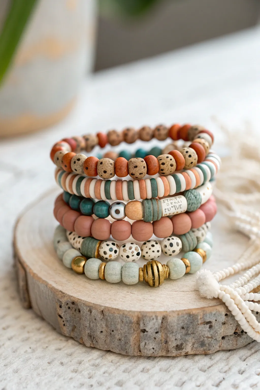 Mismatch clay bead bracelet stack with shared terracotta and gold accents for easy boho style.