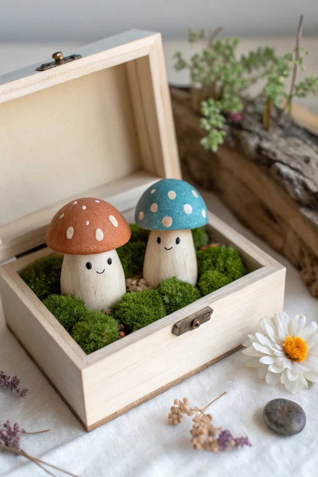 Tiny clay diorama box with ghost and mushroom characters, minimalist boho scene with bold color pop.
