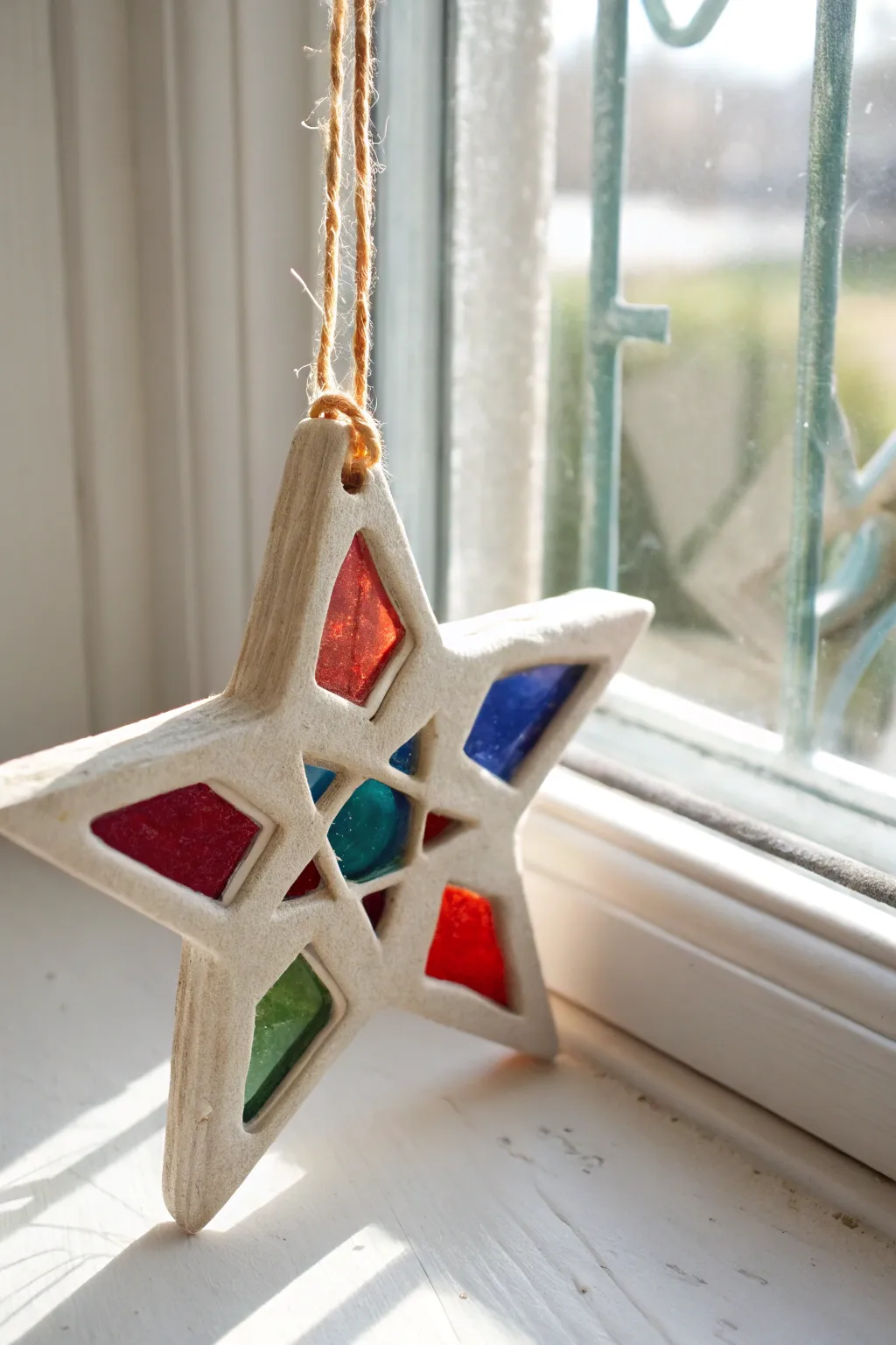 Sunlit clay star ornament with stained-glass cutouts in jewel tones, minimalist winter decor