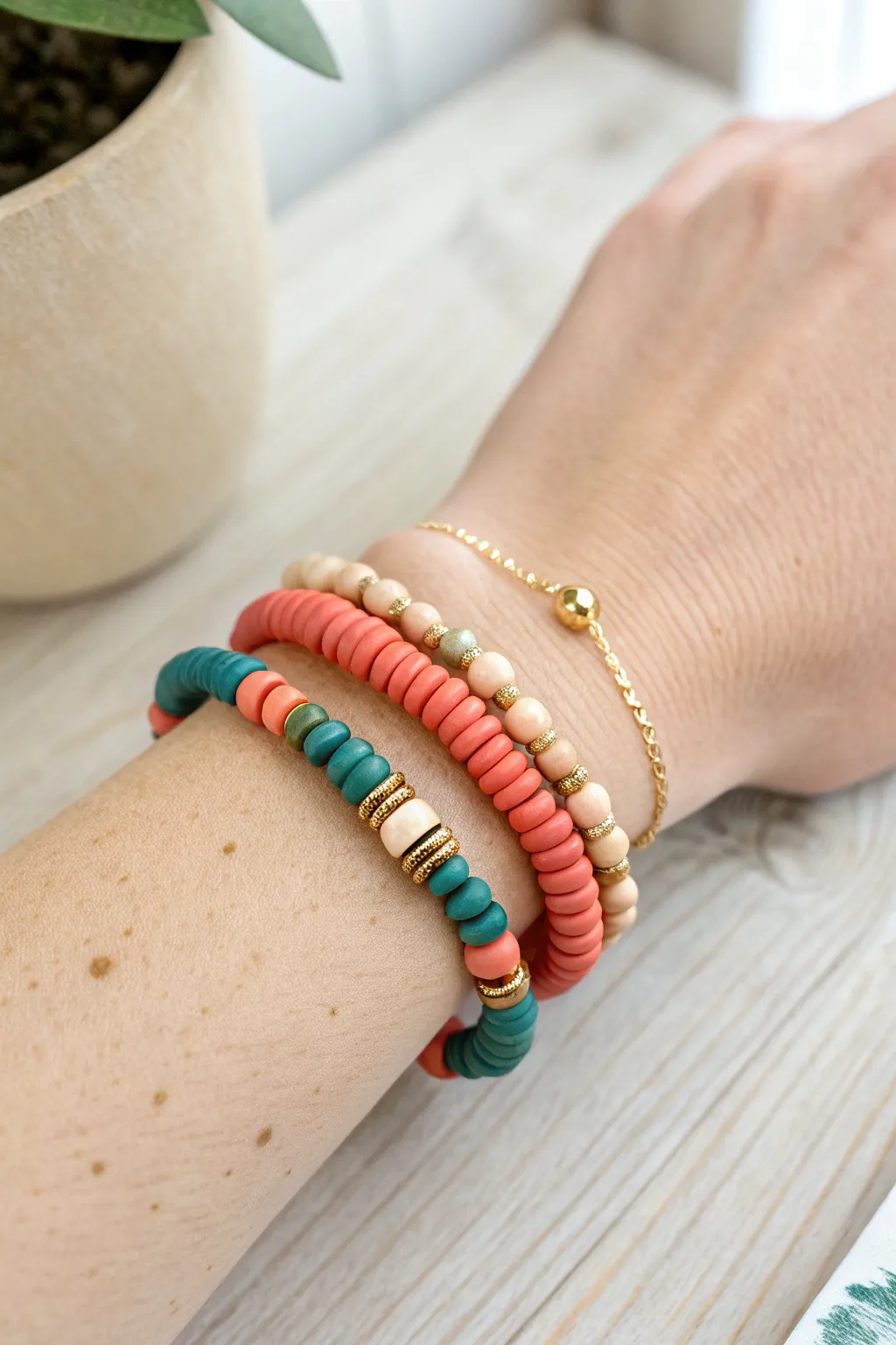 Layered double-strand heishi clay bead bracelet in bold coral and teal, simple boho elegance.