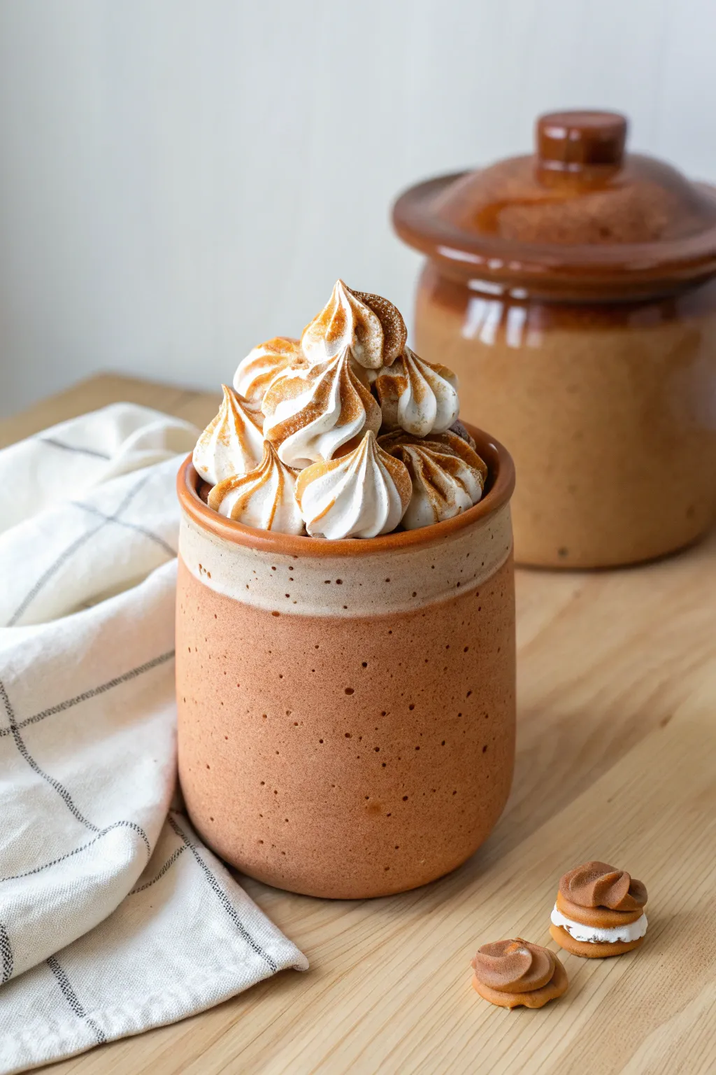 Over-the-top dessert lid meets minimalist jar for a whimsical clay cookie jar idea with bold contrast.