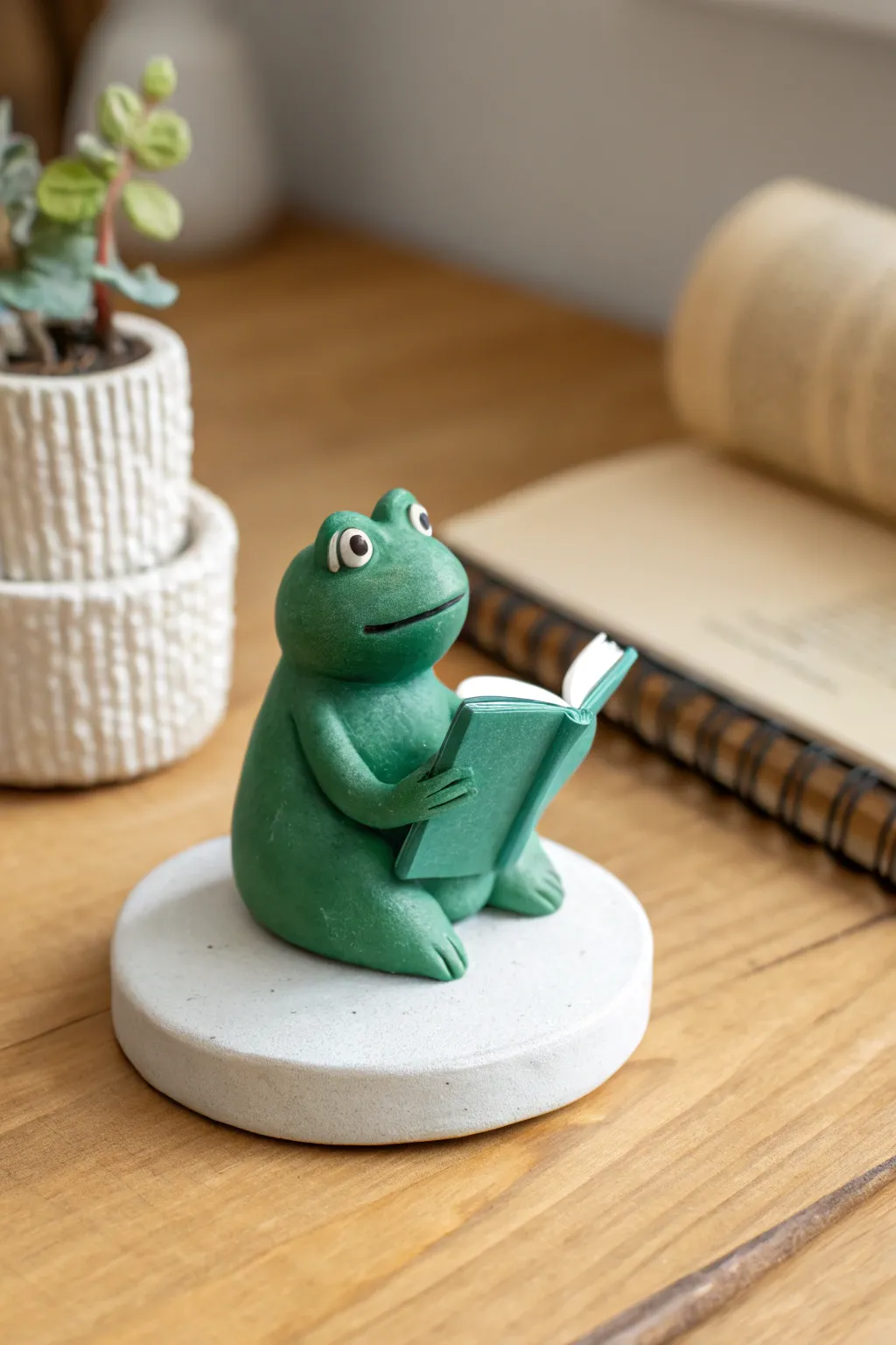 Tiny frog book nook: a simple mini story scene clay figurine on a clean base, soft light.