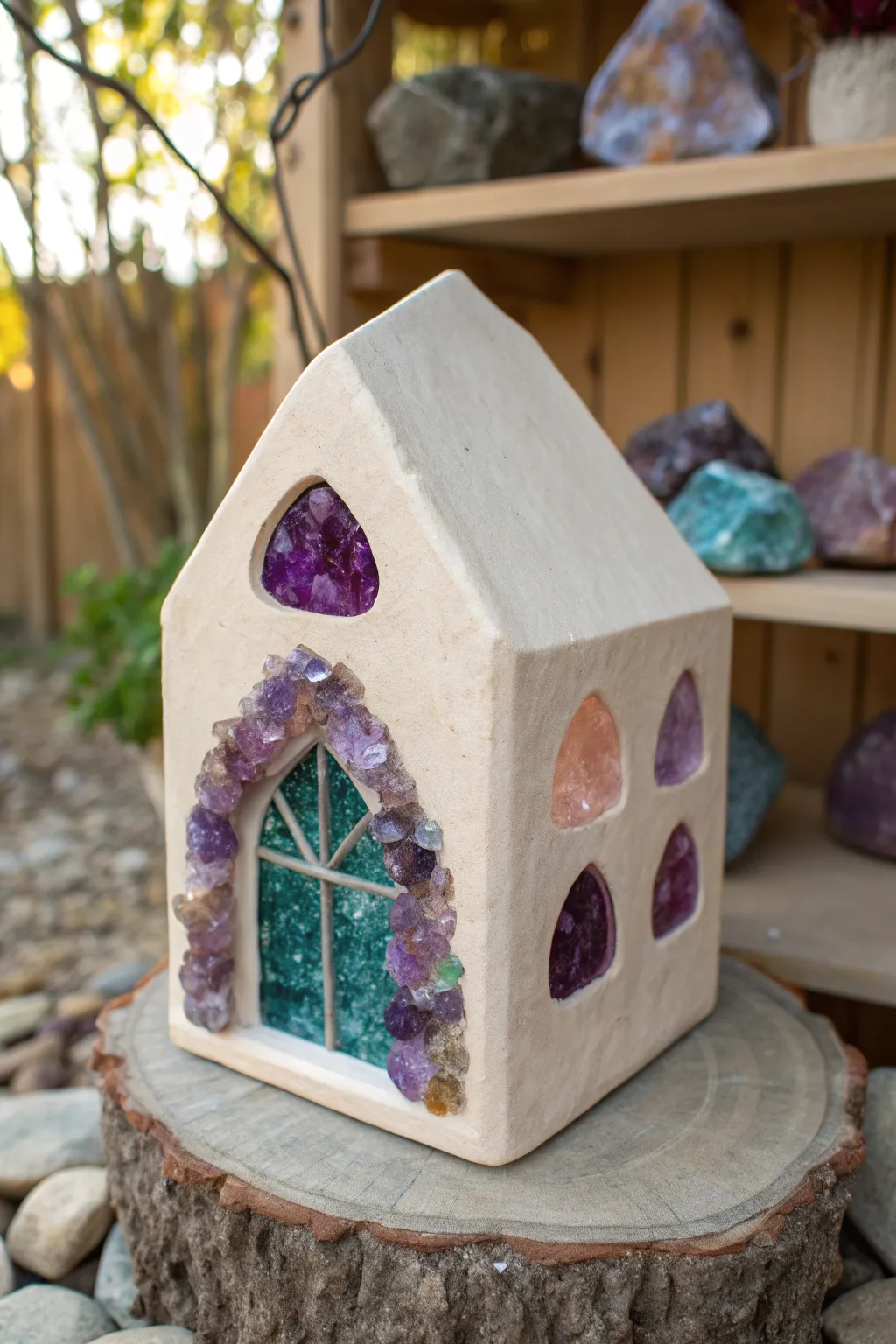 Crystal cave clay house with geode-style windows and shimmering jewel accents in a minimalist look