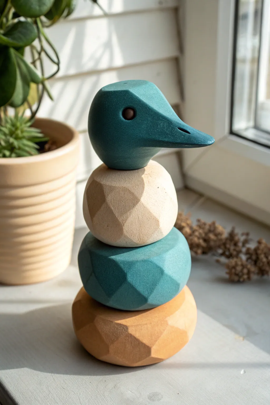Minimalist duck totem in bold two-tone clay, Scandinavian calm with a boho twist for shelves.