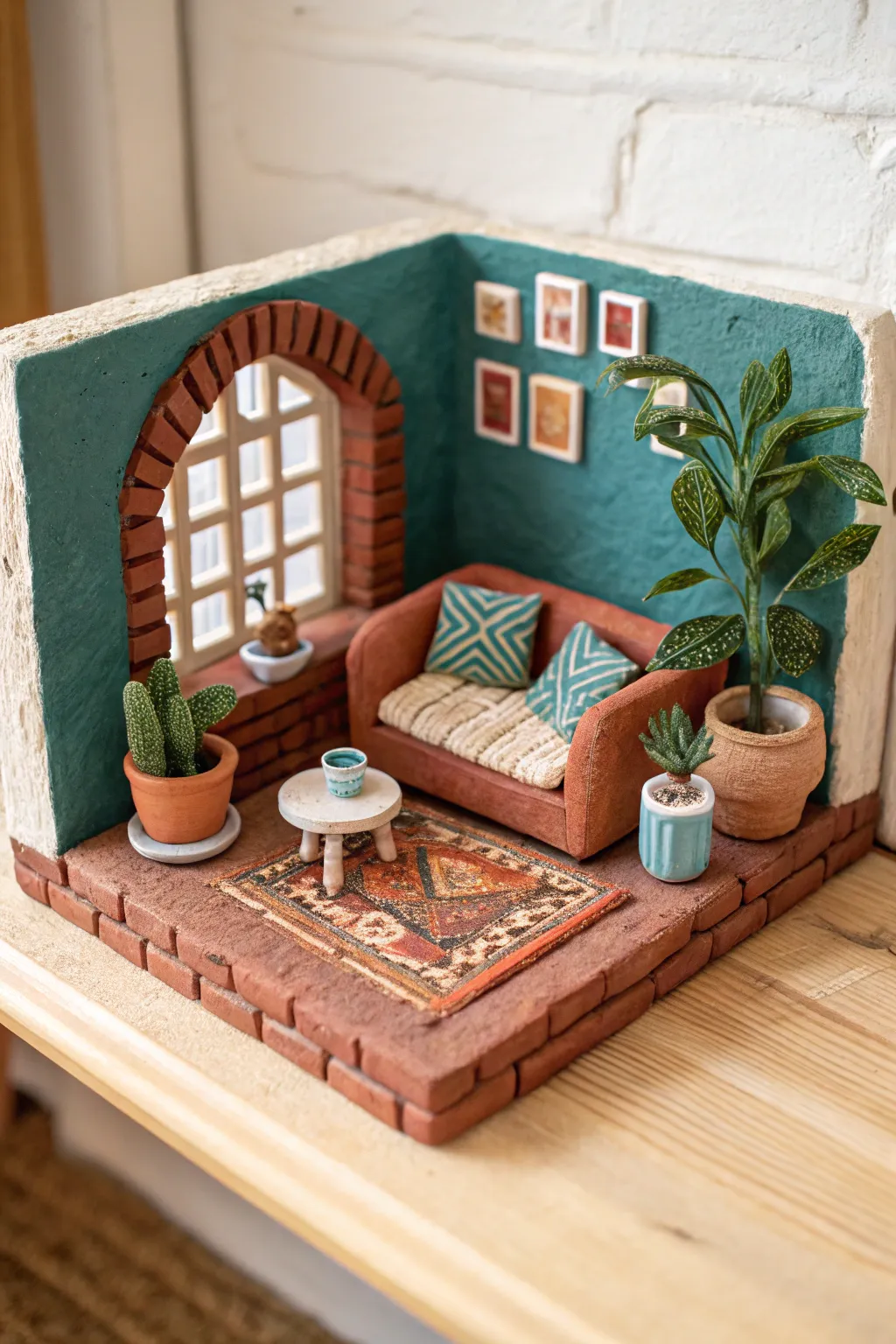 Tiny clay room diorama on a shelf, bold colors and cozy minimalist charm for easy inspiration