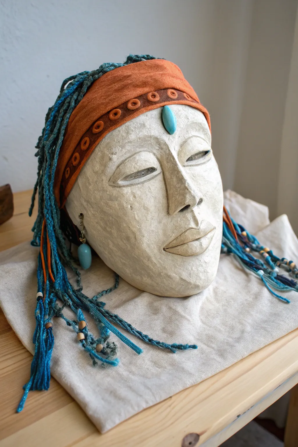 Minimal clay mask with cobalt yarn hair, boho headband, and bead earrings for art class inspiration.