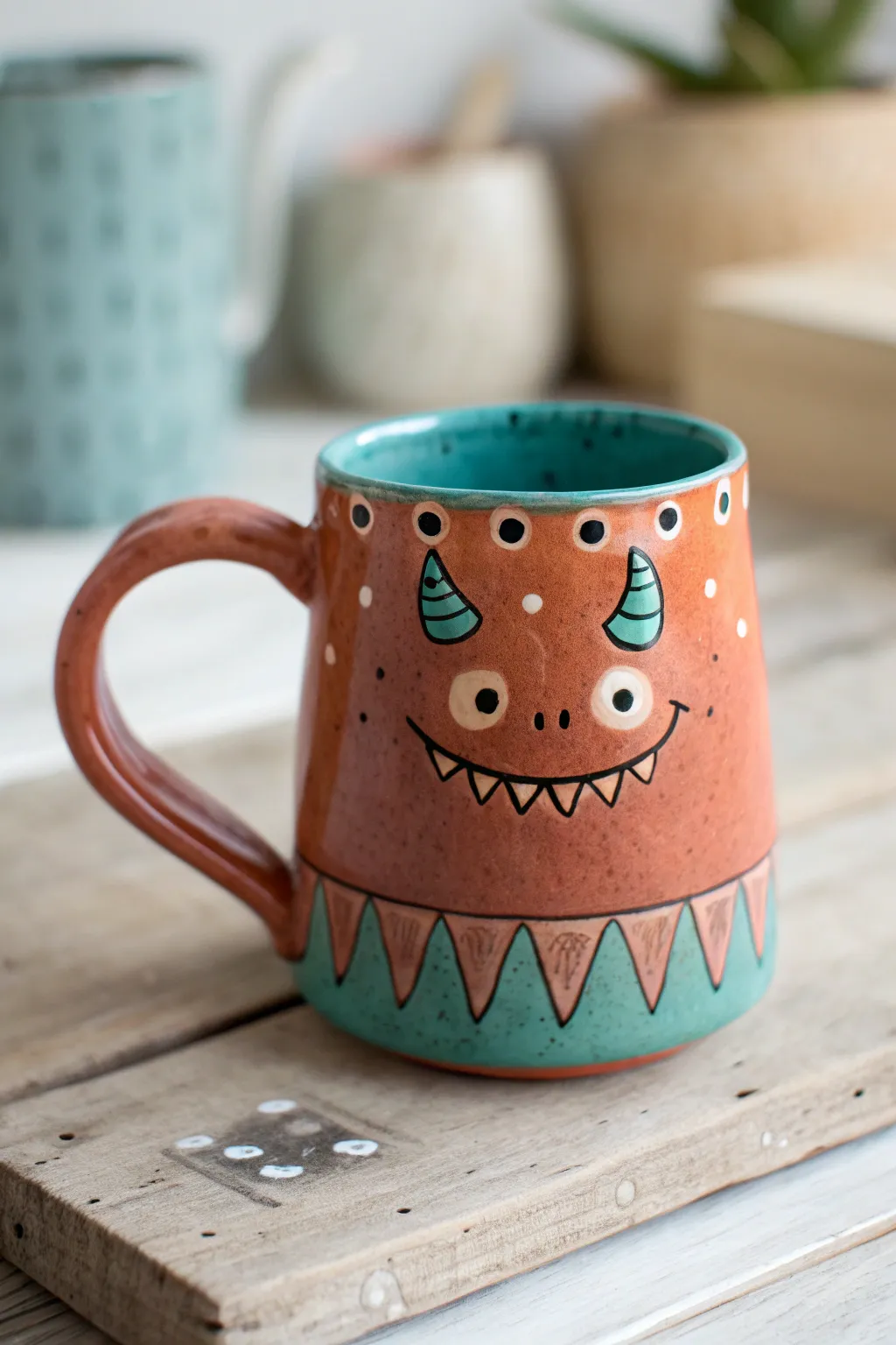 Sweet smile in front, cheeky snarl behind, this two-faced monster mug steals the spotlight