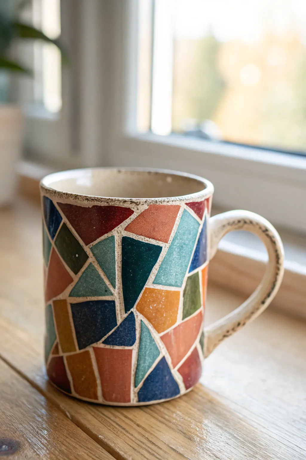 Faux mosaic patchwork mug with bold tile blocks and clean grout lines for a striking finish