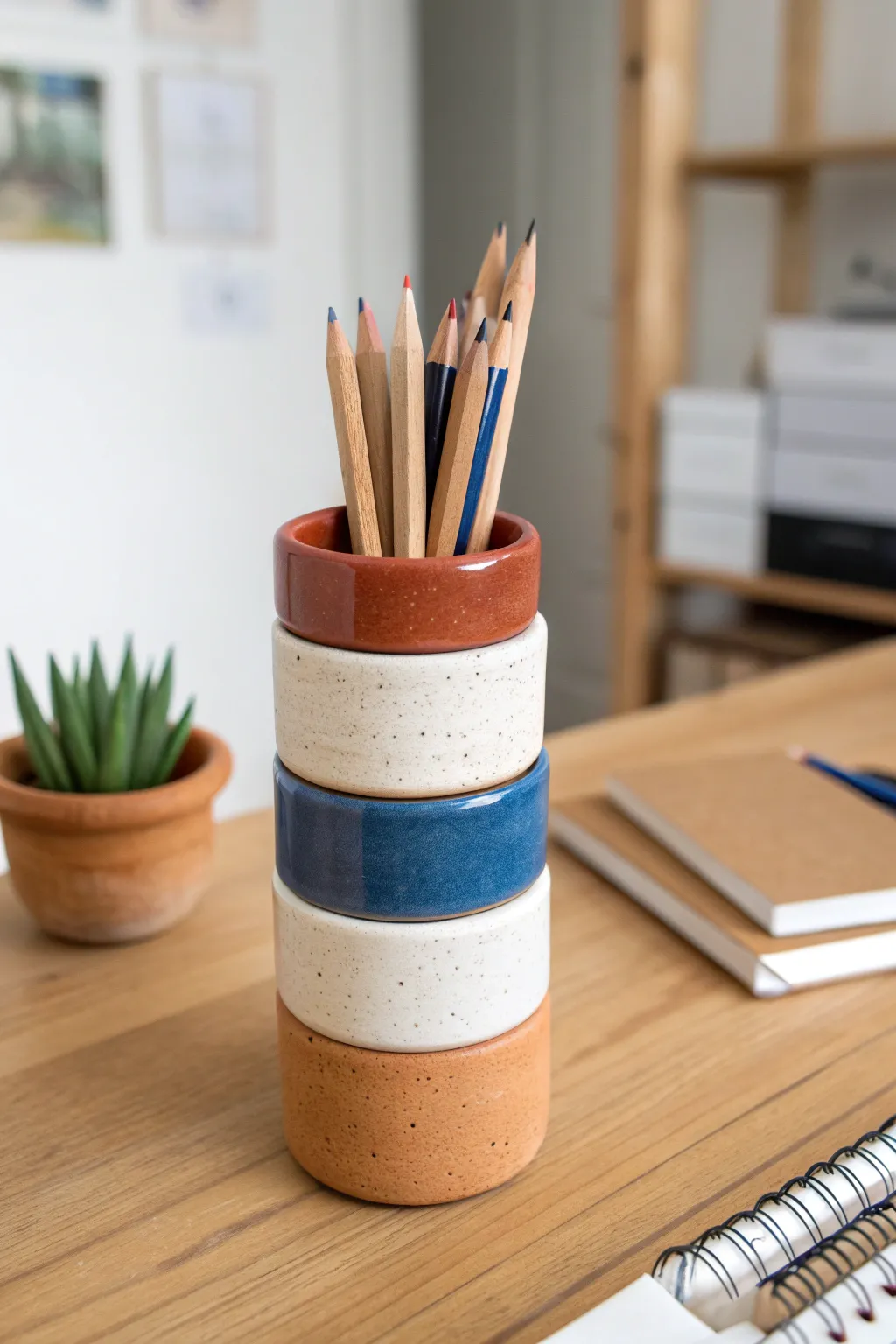 Modular clay ring totem pencil holder, bold glazes and clean Scandinavian boho styling.