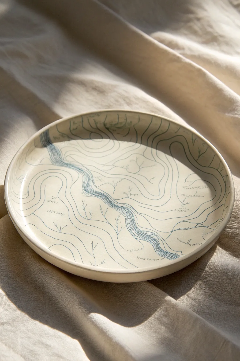 Topographic contour plate: simple carved lines with a bold wash for modern handmade drama.
