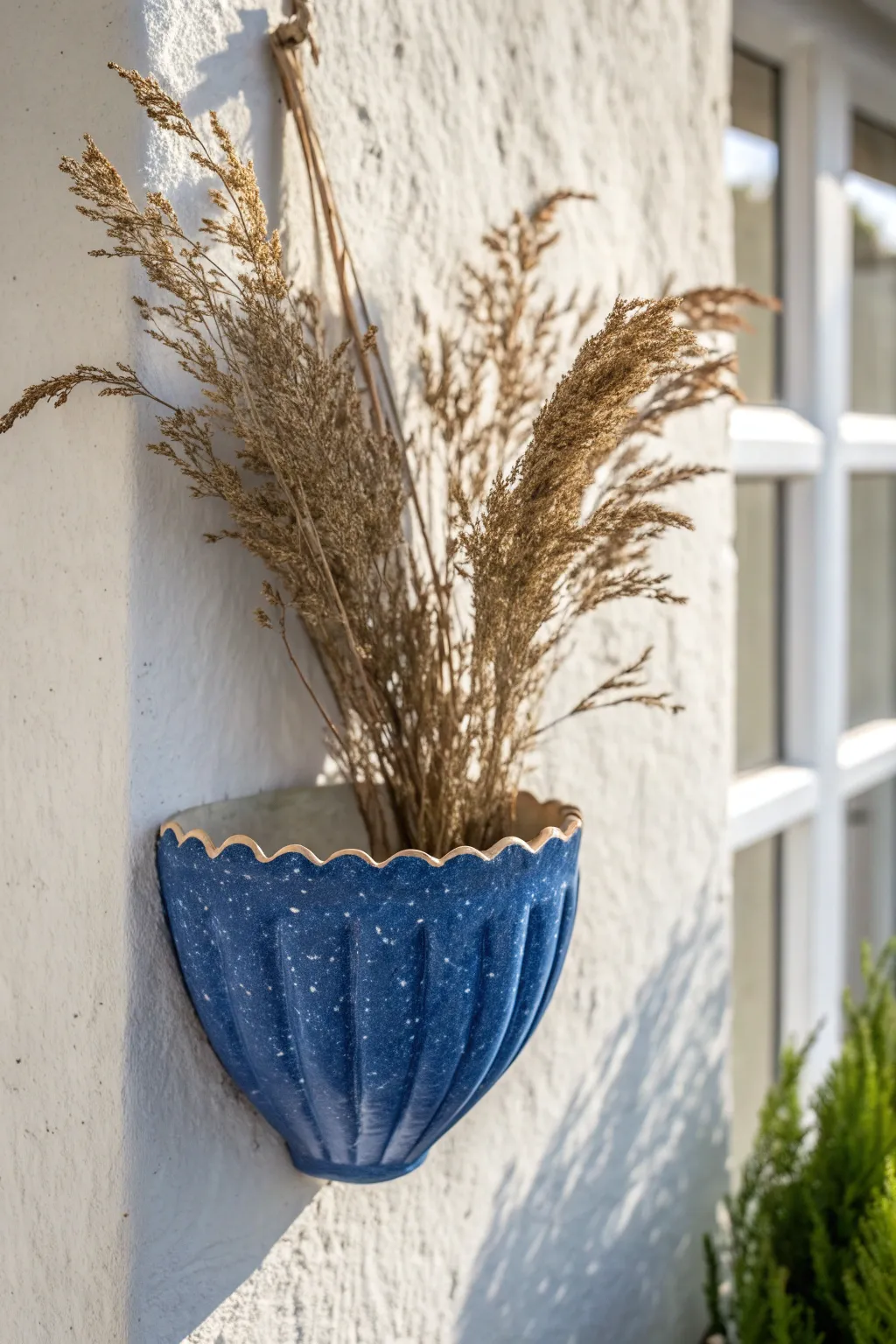 Sculptural ripple-edge clay pocket in bold glaze, styled with one dried stem for gallery calm