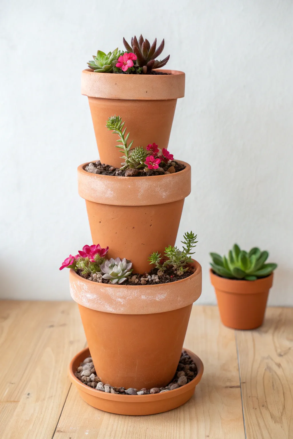 Mini terracotta planter tower with stacked tiers, lush succulents, and clean Nordic styling.