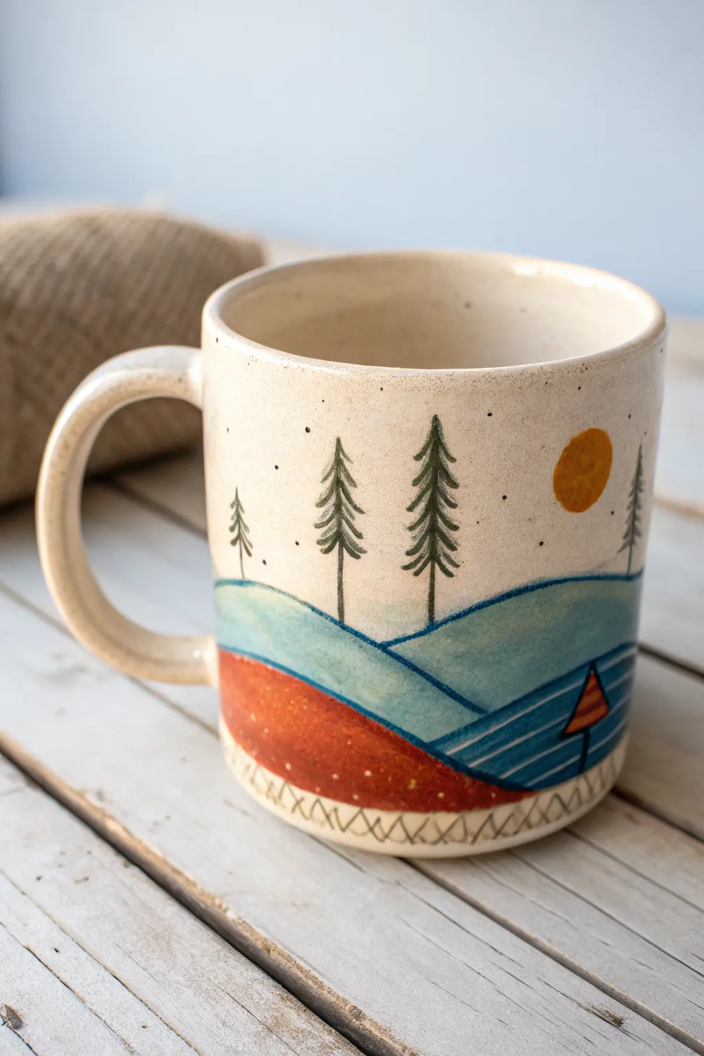 Wraparound mini landscape pottery painting idea: a cozy panoramic scene on a wide mug.