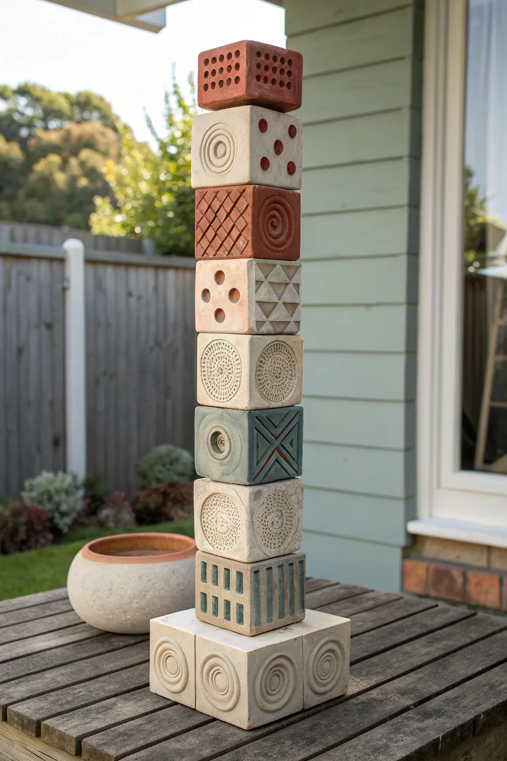 Hand-built stacked totem sculpture that showcases many student styles in one bold centerpiece.
