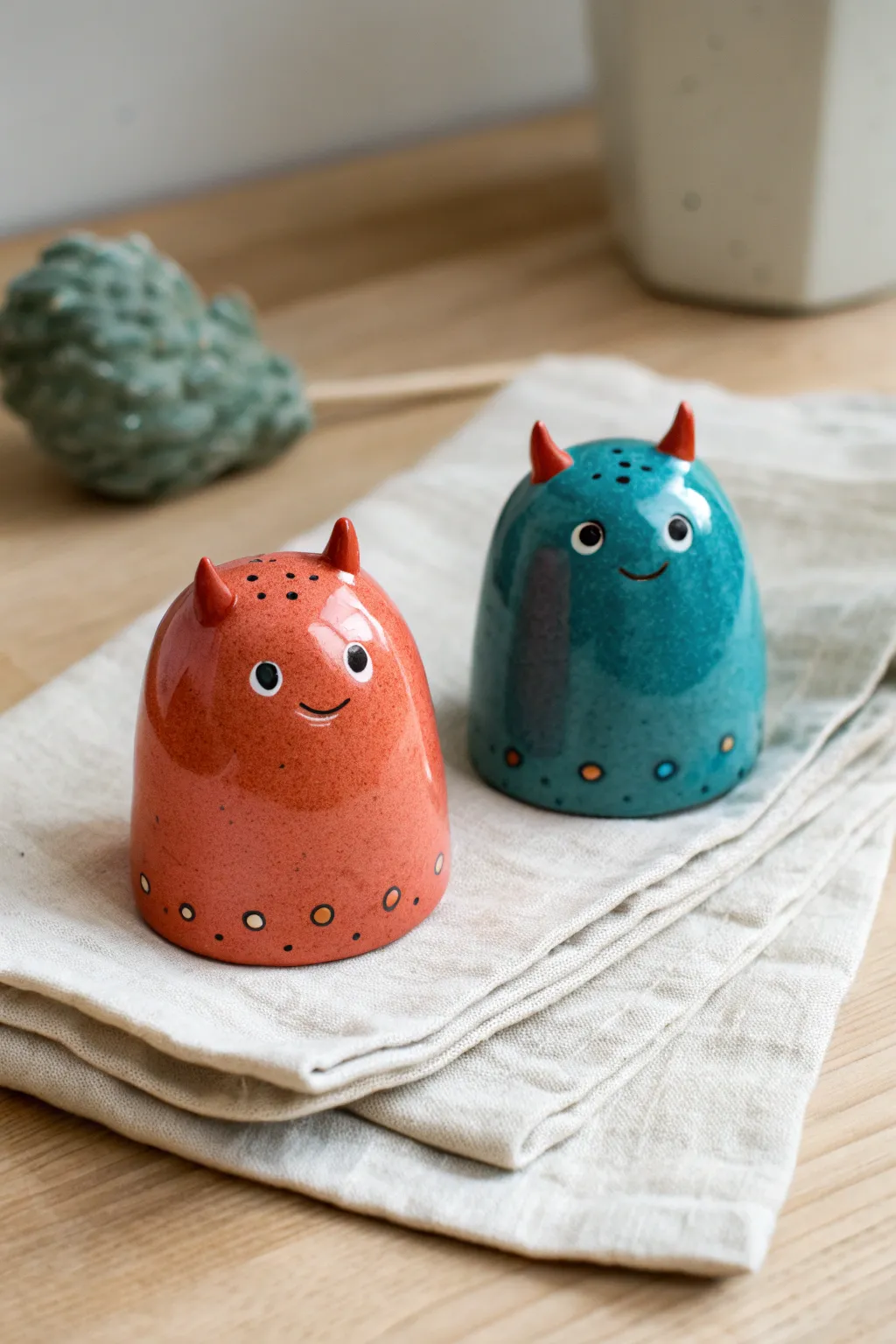 Cute monster salt and pepper shakers in bold glaze, minimal Nordic styling, handmade charm.