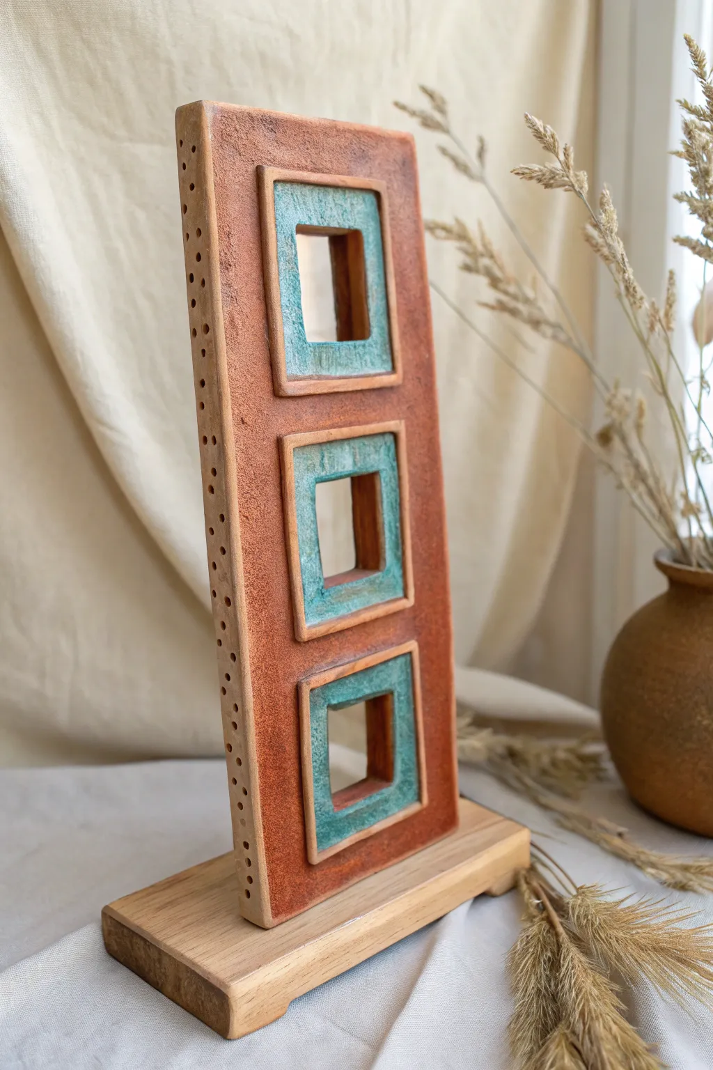 Peek-through clay window tile with bold color accents and clean negative space shadows
