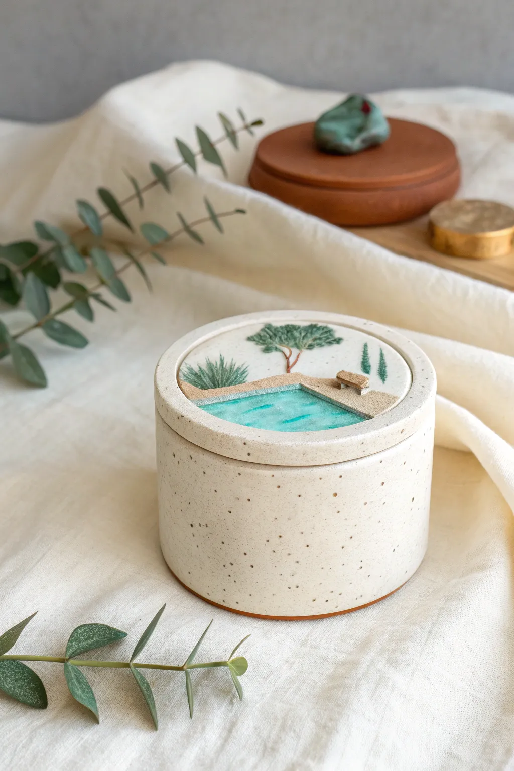 Mini diorama lid trinket box with a tiny pool scene, Scandinavian calm with bold color pop.