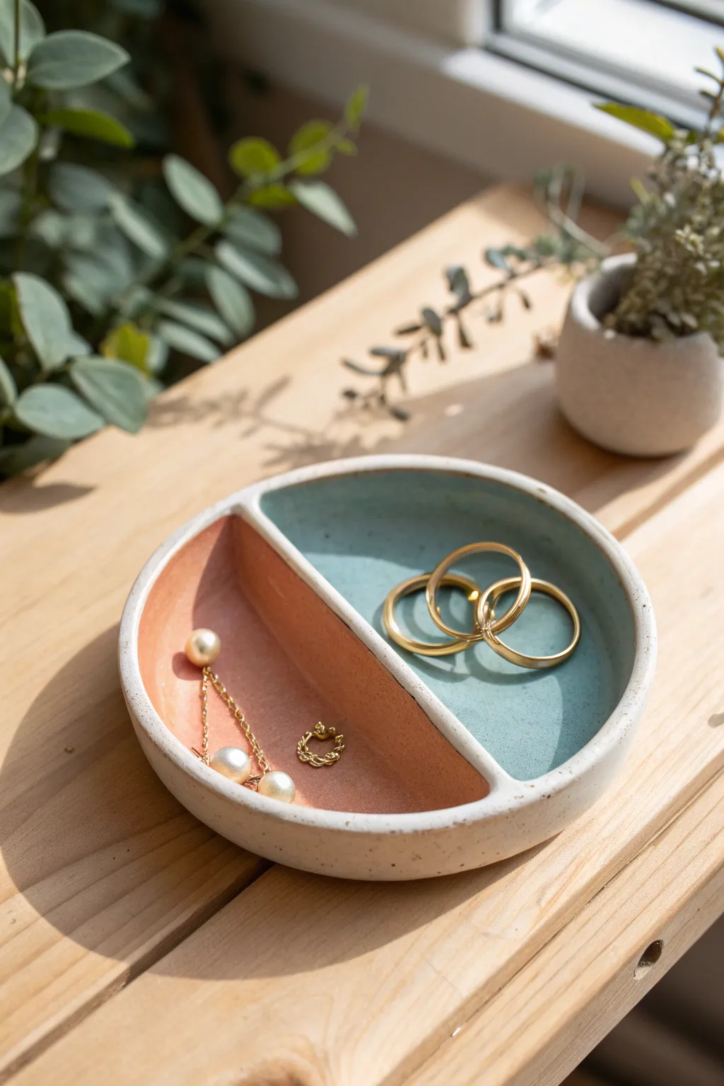 Split-compartment clay trinket dish with bold color-blocking, perfect for rings and studs.