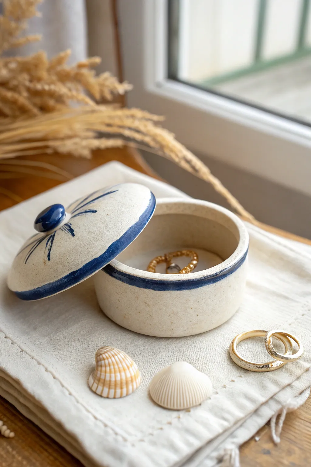 Petite lidded clay trinket box, slightly open to reveal tiny treasures in calm boho minimal style.