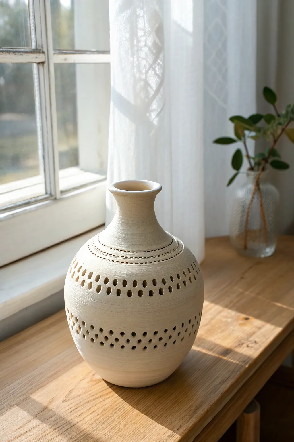 Pierced cutout clay vase casting lace-like shadows, minimal and airy with dried stems.