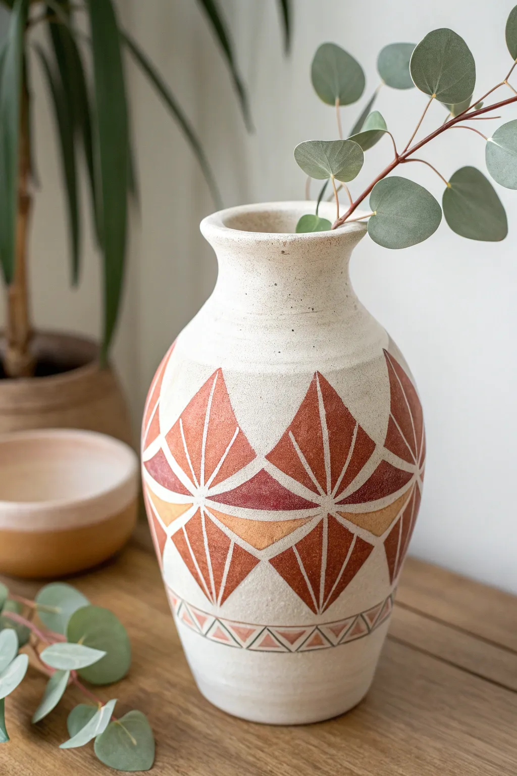 Layered stencil and sponge textures turn a simple clay vase into bold, modern decor