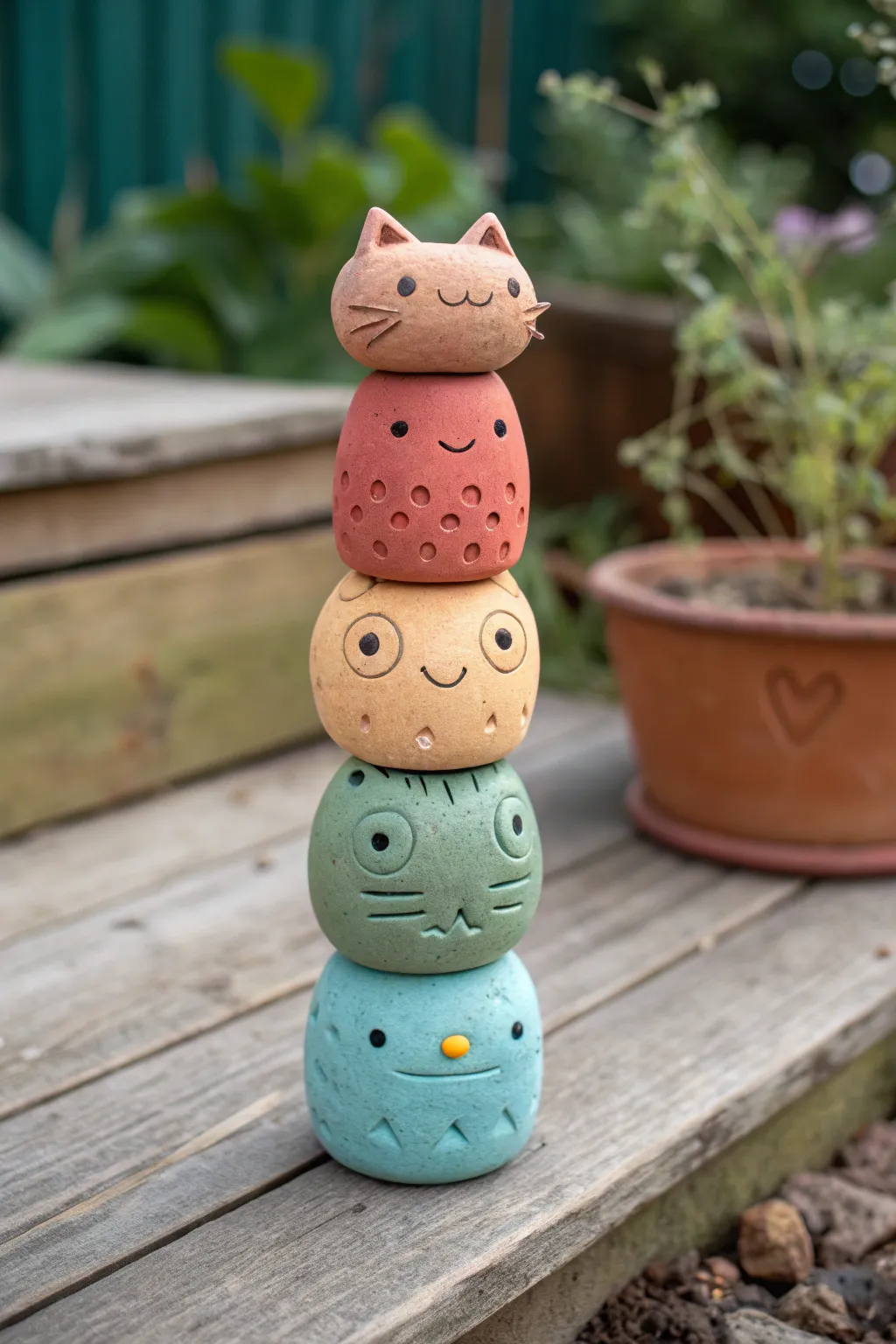 Playful stacked mini-creature clay totem with bold colors and simple textures, easy for beginners