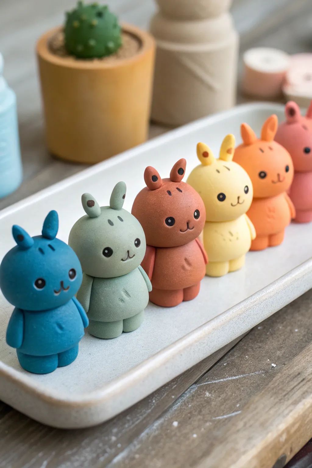 Mix-and-match mini clay buddies as a bold collectible set with simple shapes and boho color pops