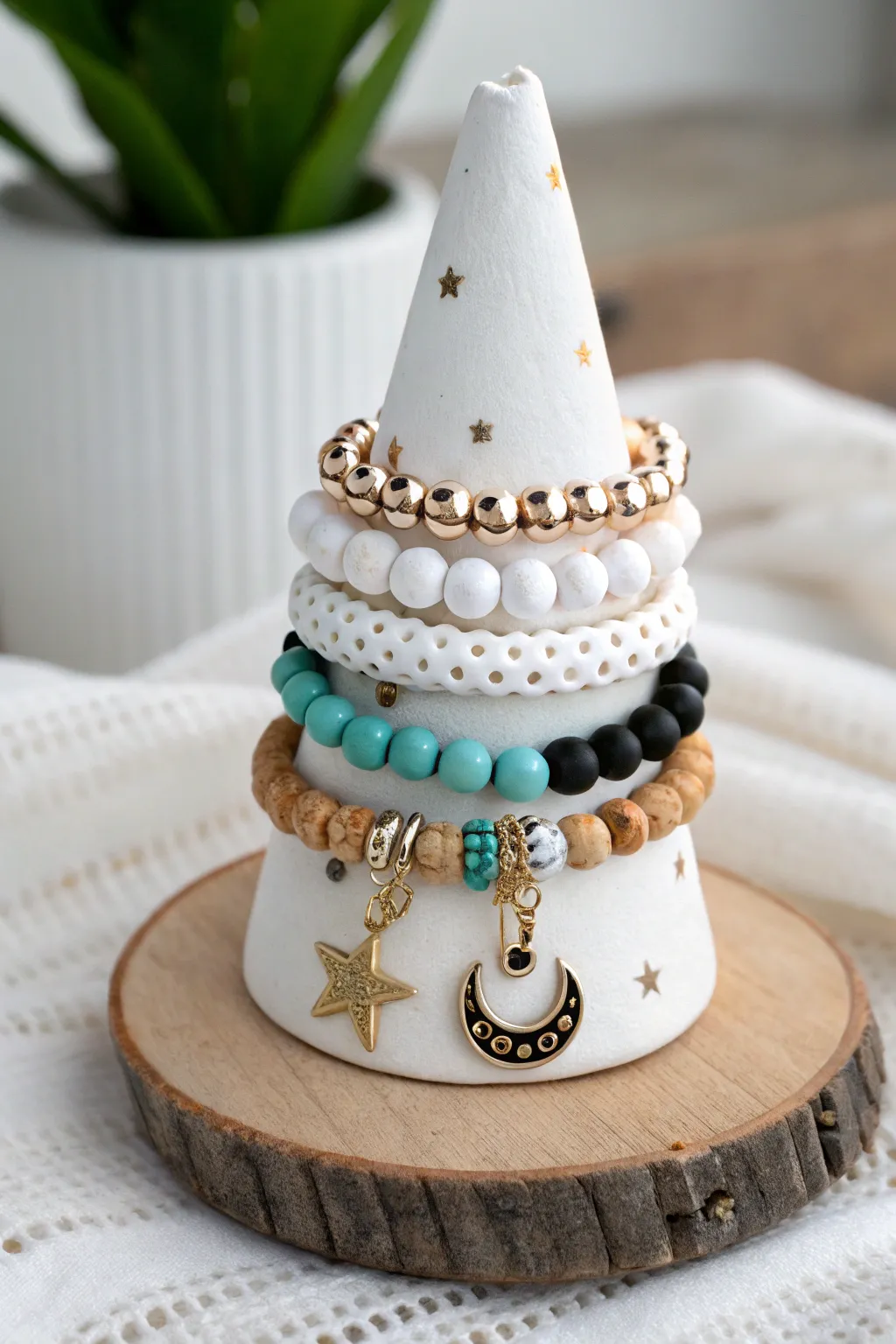 Cowgirl clay bead bracelet stack: charms, turquoise, bold black-white patterns, and glam spacers