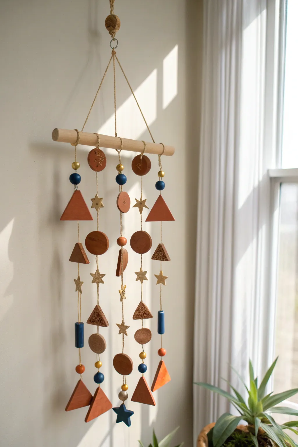 Minimalist clay mobile with balanced shapes and tiny stars, bold color pops in soft light.