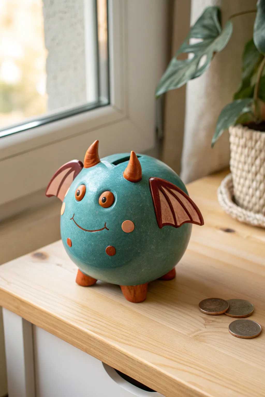 Whimsical horned, winged clay bank in bold glaze, styled minimalist boho on warm wood.