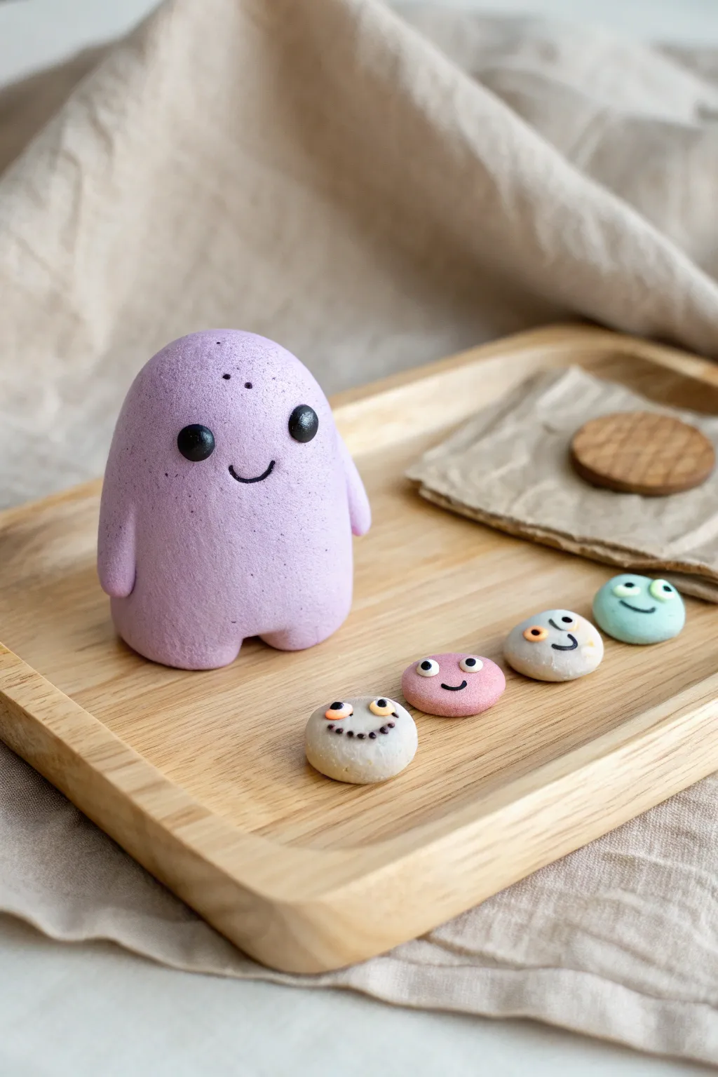 Beginner-friendly mini blob monster in pastel clay with mix-and-match faces, simple and cute.