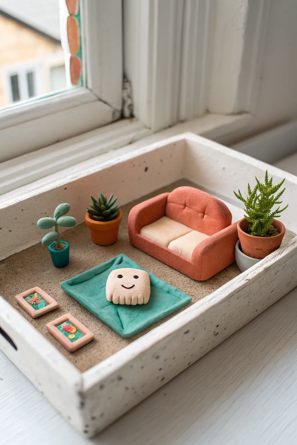 Mini room-in-a-box clay diorama: couch blob, tiny plant, and happy frame made beginner-simple.