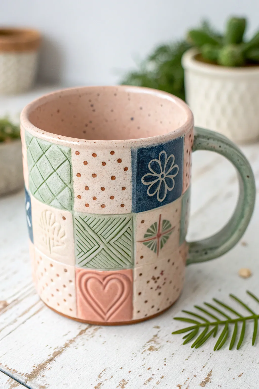 Patchwork quilt clay mug with mixed textures and soft boho colors, simple handmade charm