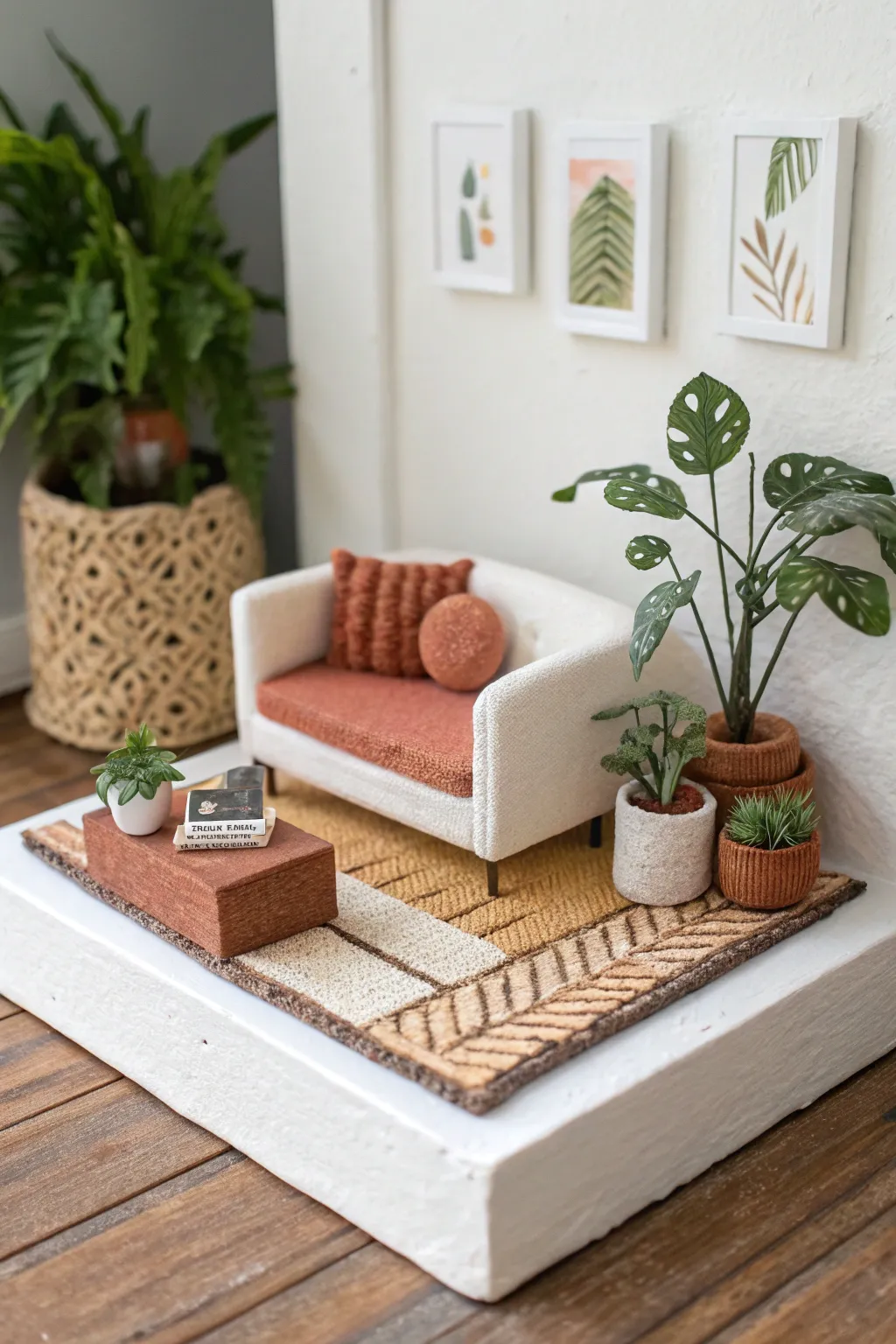 Tiny clay room-corner diorama: cozy couch, plant, and rug in bold minimalist-boho style.