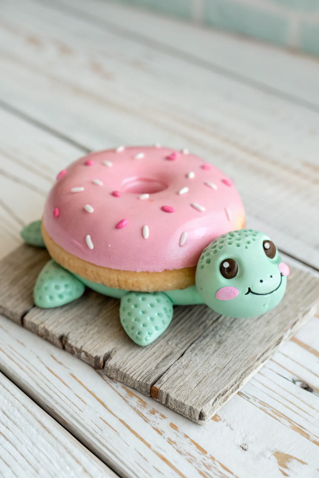 Whimsical donut-turtle Model Magic sculpture in pastel tones, minimalist styling, big cute vibes