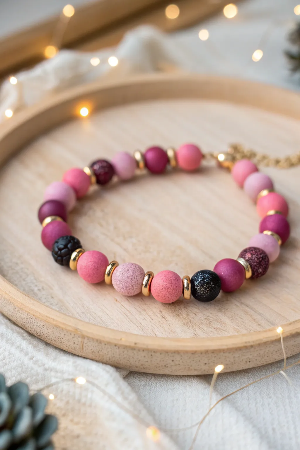 Pink galaxy clay bead bracelet with metallic pops, bold yet minimal for your stack.