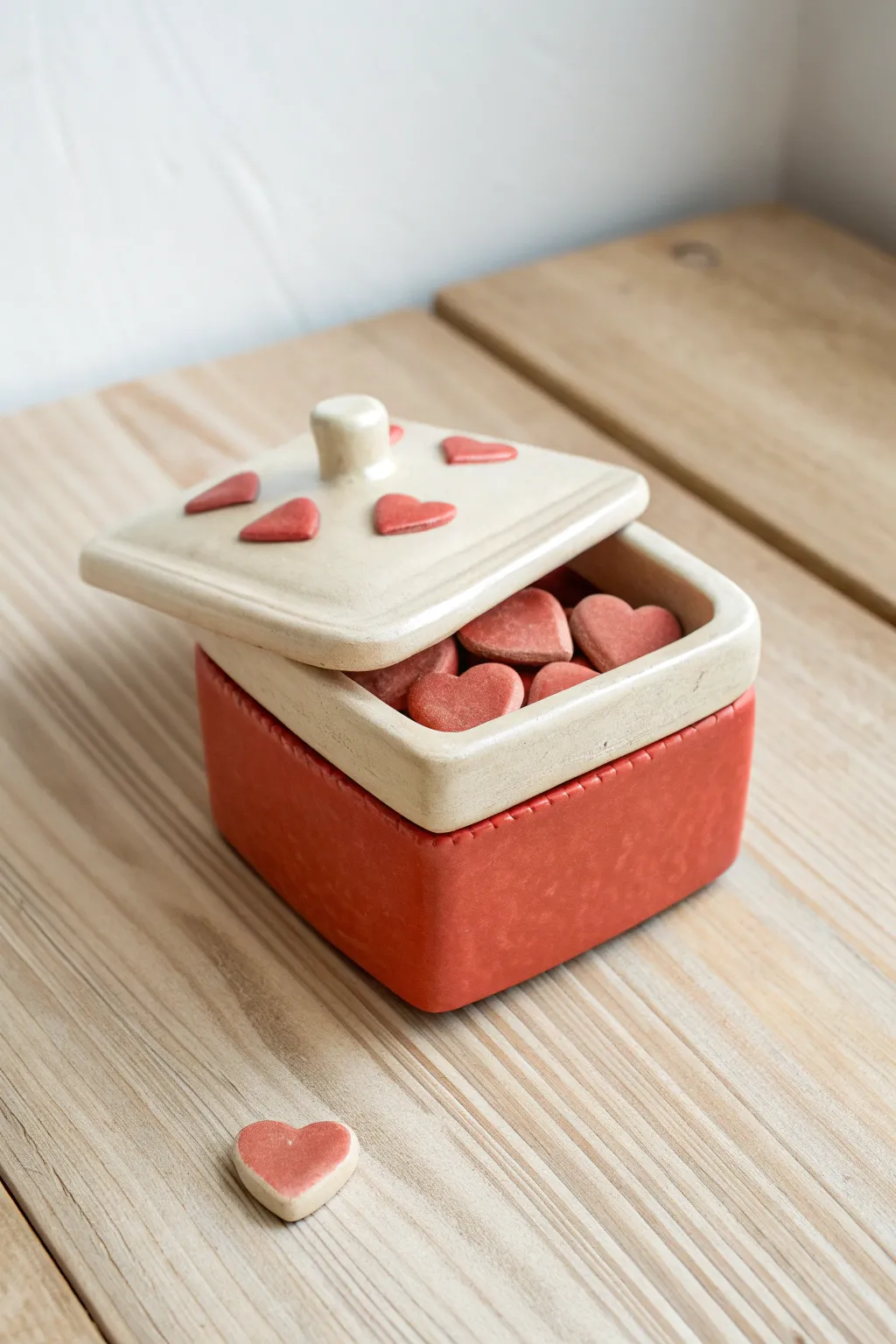 Tiny Valentine box of hearts trinket box, bold coral and cream, simple handmade charm for gifting