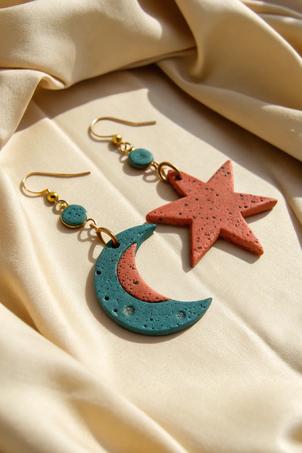 Moon-and-star mismatched clay earrings in a shared palette for a chic story-set pair