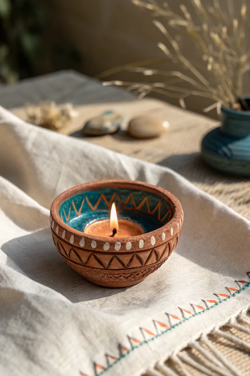 Textured clay slip diya with dry-brushed highlights for an easy, elevated festive glow.