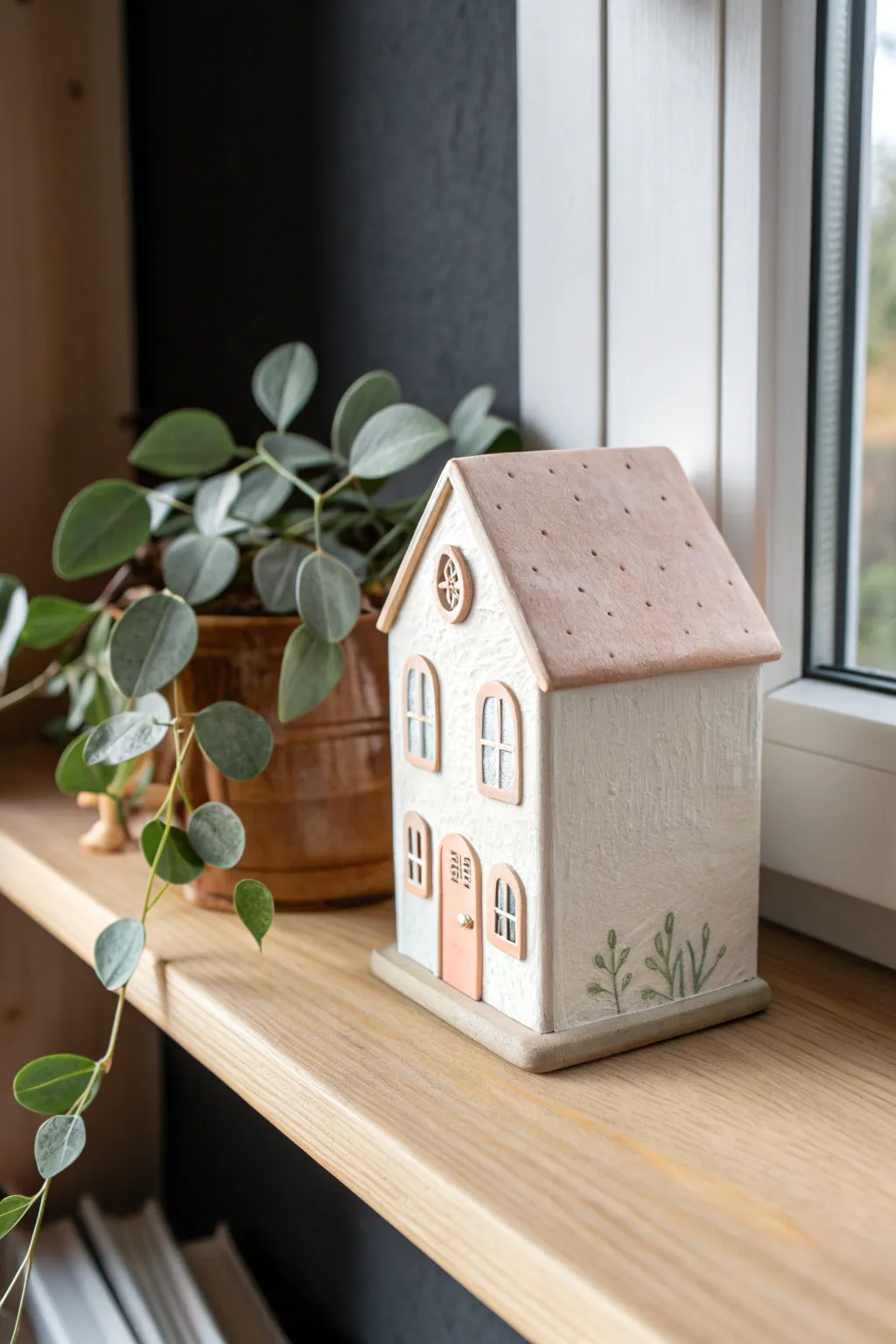 Tiny air-dry clay house shelf decor, simple beginner project in soft neutrals with cozy boho charm.