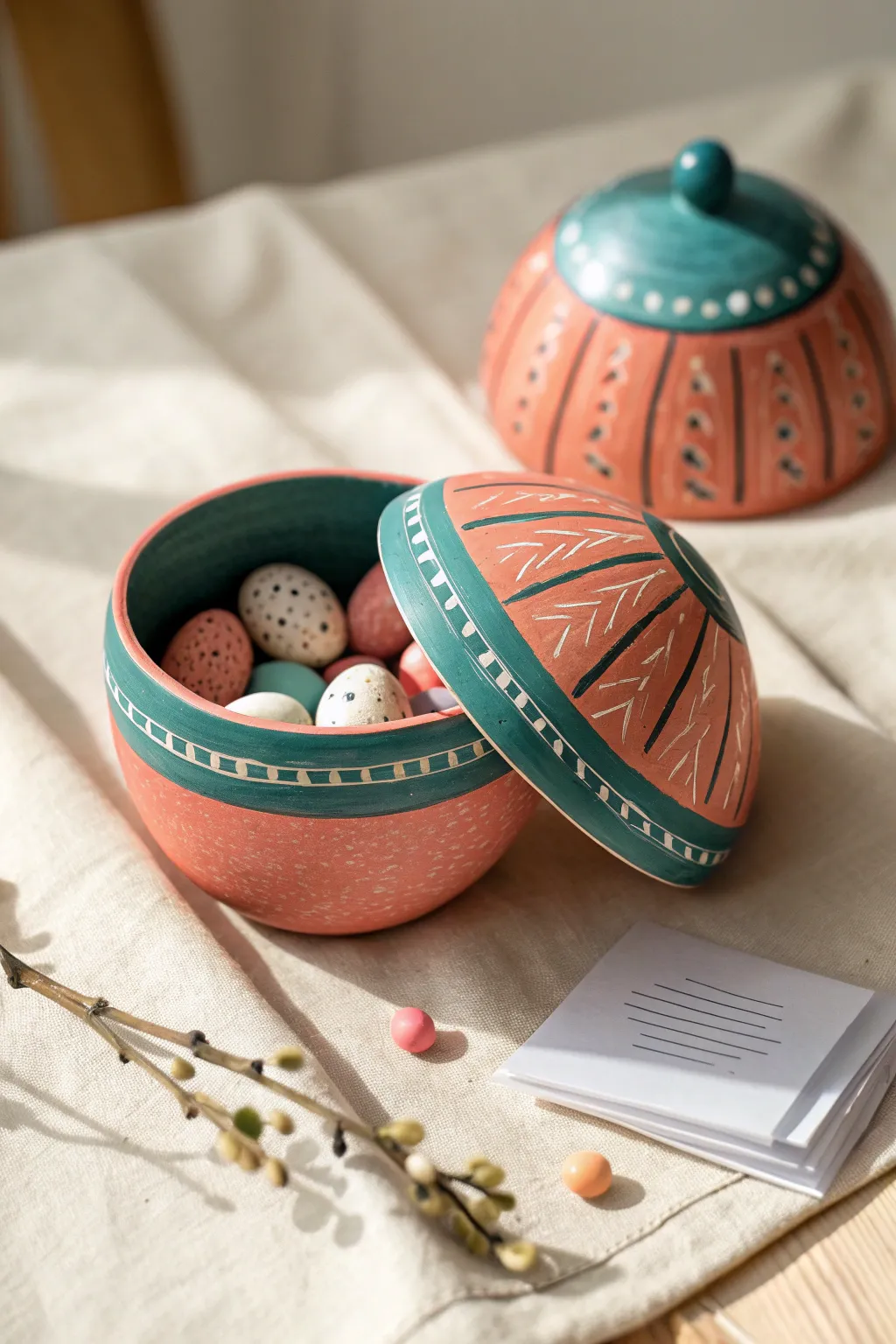 Surprise-opening clay egg treasure with bright paint and hidden beads, a fun Easter kids craft.