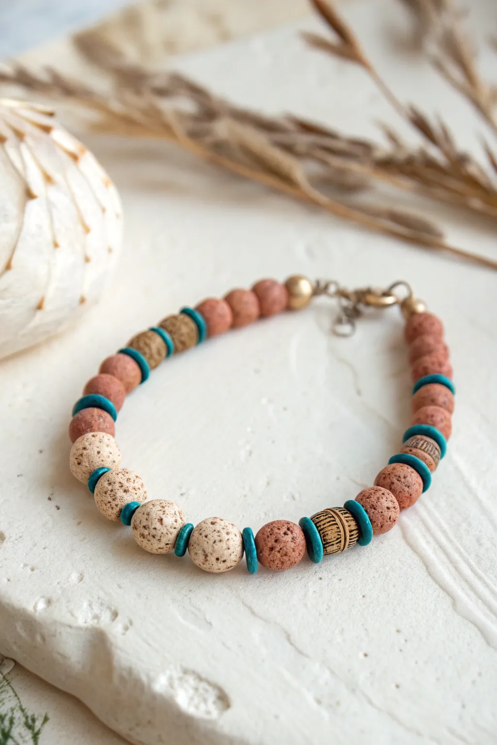 Beginner stamped texture clay bead bracelet with bold terracotta and teal accents