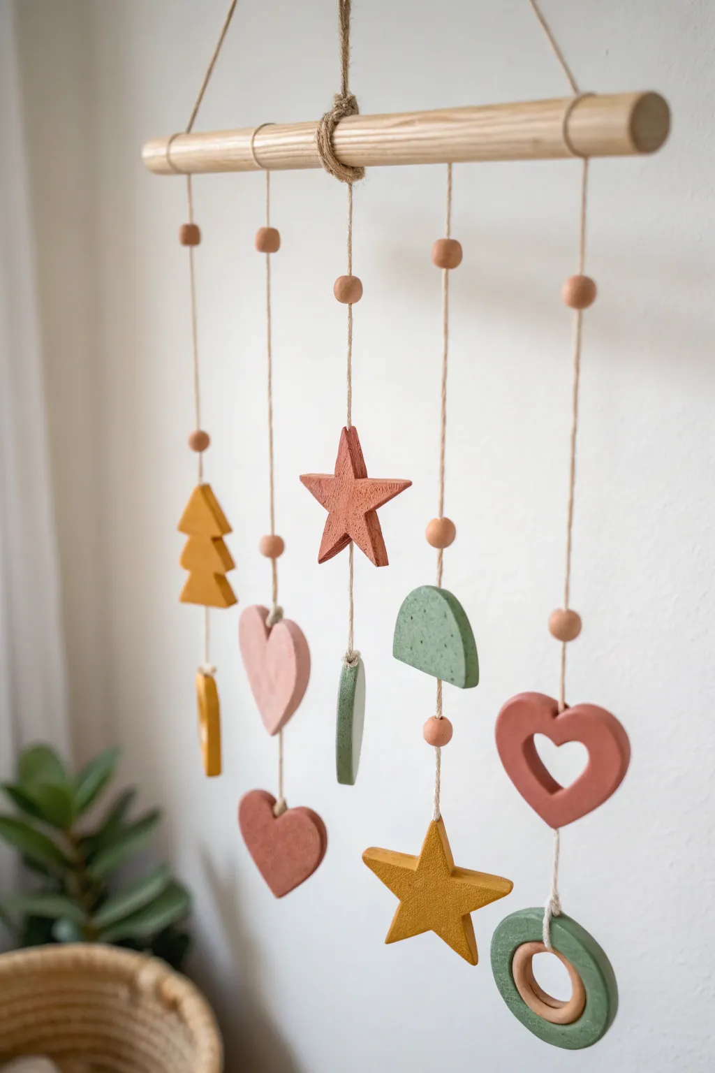 Sweet beginner clay mobile: chunky stars, hearts and circles in soft boho Scandinavian tones.